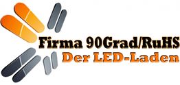 Logo von Firma 90Grad/RuHS: Der LED-Laden in Schwarz und Orange mit geometrischen Formen.