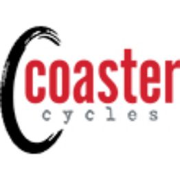Logo with black curved line and red text: "coaster." Below, "cycles" in smaller gray text.
