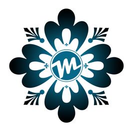 Stilisiertes blaues Blumenornament mit einem "W" in der Mitte.