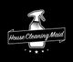 "House Cleaning Maid logo with spray bottle, stars, and banner on black background."