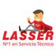 Ilustración de un personaje con capa roja, guiñando un ojo, sobre el texto "Lasser Servicio Técnico".