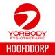 Rood-wit logo van Yorbody Fysiotherapie met de tekst "Hoofddorp" onderaan.