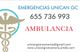 Texto de contacto de emergencias Unican GC con número y símbolo médico. Email y web incluidos.