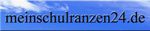 Blaue Website-Grafik mit dem Text "meinschulranzen24.de" vor einem Himmel mit Wolken.