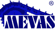 Logo mit blauem Zahnrad und dem Schriftzug "MEVAS".
