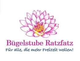 Rosa Blume mit Schriftzug: "Bügelstube Ratzfatz - Für alle, die mehr Freizeit wollen!"