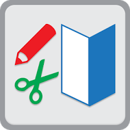 Icono de un lápiz rojo, tijeras verdes y papel doblado en blanco y azul.