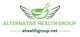 Green mortar and pestle with wings, "Alternative Health Group," website: ahealthgroup.net.
