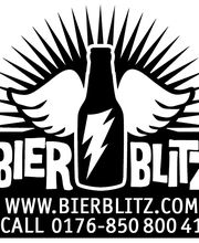 Bierflasche mit Flügeln und Blitz. Text: Bier Blitz, Webseite und Telefonnummer.