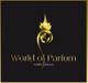 Schwarzes Logo mit goldener Flamme, Weltkugel und Text: "World of Parfum, EST. 2010".