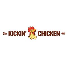 Logo with text "The Kickin' Chicken" and a cartoon chicken head in the center.