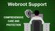 Webroot Support graphic with a person at a computer, shield icon, and text on care and protection.