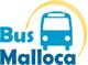 Logotipo azul de "Bus Malloca" con un icono de autobús y un semicírculo amarillo detrás.