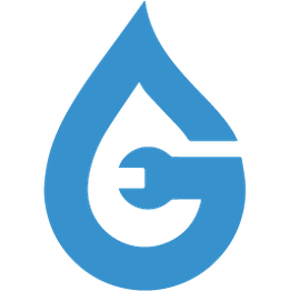 Blåt logo med dråbeform og integreret værktøjssymbol i midten.