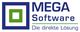 Logo von MEGA Software mit Slogan "Die direkte Lösung" und grün-blauem Design.