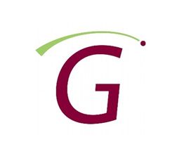 Logo with a stylized maroon "G" and a green arc above ending in a maroon dot.