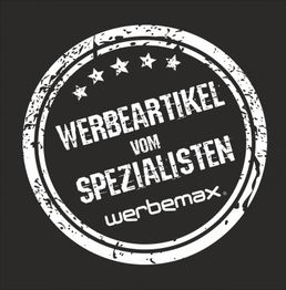 Abzeichen mit Text: "Werbeartikel vom Spezialisten" und "werbemax", umgeben von Sternen.