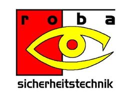 Logo mit gelbem Auge, rotem und weißem Hintergrund, Text: "roba sicherheitstechnik".