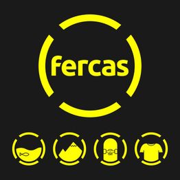 Logotipo de "fercas" amarillo sobre negro, con iconos de pescado, montaña, persona y camiseta.