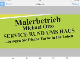 Grünes Schild mit Text: Malerbetrieb Michael Otto, Service rund ums Haus, frische Farbe fürs Leben.