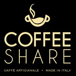 Logo "Coffee Share" con tazza di caffè stilizzata, scritta "Caffè artigianale - Made in Italy".