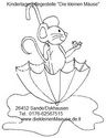 Eine Maus sitzt in einem Regenschirm. Text: "Die kleinen Mäuse", Kontaktinformationen.