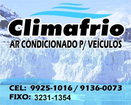 Folha publicitária da Climafrio, especialista em ar condicionado para veículos, com contatos telefônicos.