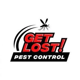 Logo with a mosquito and bold text: "Get Lost! Pest Control" in red and black.