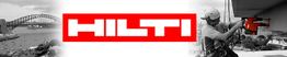 Logo de Hilti en rojo, puente a la izquierda y trabajador usando herramienta Hilti a la derecha.