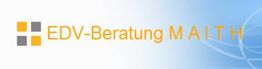 Logo mit Text "EDV-Beratung MAITH" auf blau-weißem Hintergrund mit Quadraten links.