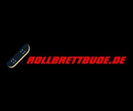 Schwarzes Skateboard-Logo mit rotem Text: "ROLLBRETTBUDE.DE".