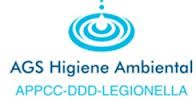 Logotipo de AGS Higiene Ambiental con texto: APPCC, DDD, LEGIONELLA y gota de agua.