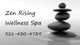 Text: "Zen Rising Wellness Spa 321-430-4729" with stacked stones on a calm water surface.