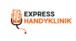 Logo „Express Handyklinik“ mit Handy als Stethoskop in Orange und Schwarz auf weißem Hintergrund.