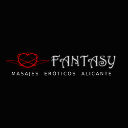 Logo sobre fondo negro con texto "Fantasy Masajes Eróticos Alicante" y un corazón rojo estilizado.