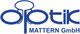 Logo mit blauem Text: "Optik MATTERN GmbH", stilisierte Brille im Hintergrund des "o".