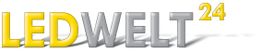 Schriftzug "LED WELT 24" in gelb und grau mit leichtem Schattenwurf, moderne Optik.