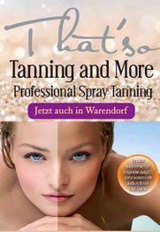Werbung für "That'so Tanning and More" mit Gesicht, halb gebräunt, Text "Jetzt auch in Warendorf".