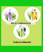 Tres botellas de bebida con aloe, uva, limón y manzana sobre fondo verde. Texto: "Cuál es tu favorito?"