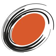 Abstrakte Grafik mit orangem Kreis und schwarzen Wirbeln auf weißem Hintergrund.