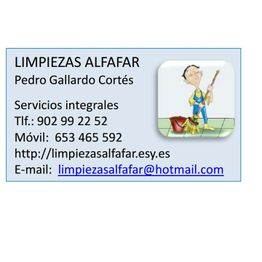 Tarjeta de contacto de Limpiezas Alfafar con información de servicios y detalles de contacto.