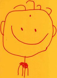 Kinderzeichnung eines lachenden Gesichts mit rotem Stift auf gelbem Hintergrund.