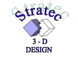 „Stratec 3-D Design“-Logo mit blauen und weißen Würfeln im Hintergrund.
