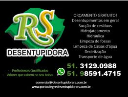 Cartão de visita de desentupidora RS com serviços, contato e ícones de WhatsApp e telefone.
