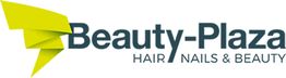 Logo van Beauty-Plaza met de tekst "Hair, Nails & Beauty" in grijs en een groen-geel grafisch element.