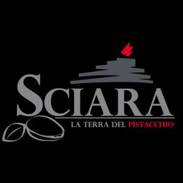 Logo di Sciara, "La Terra del Pistacchio", con pistacchi stilizzati e vulcano rosso su sfondo nero.