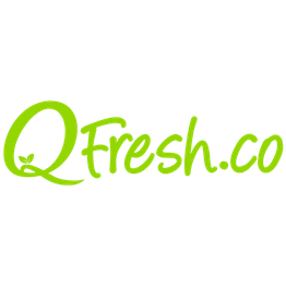 Logotipo verde de QFresh.co en fondo transparente.