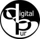 Logo mit schwarzem Kreis, weißer Schrift: "digital pur", Buchstaben "d" und "p" ineinander verwoben.