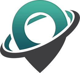 Abstraktes Logo mit einer Mischung aus einer Weltkugel und einem Positionsmarker in Grün und Grau.