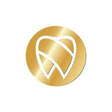 Gouden cirkel met een witte tandafbeelding in het midden.